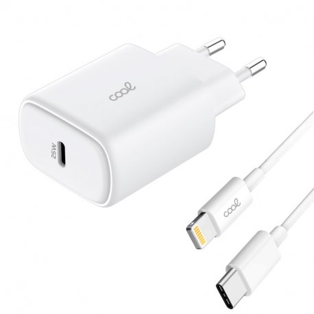 Carregador de Rede rápido universal (PD) Tipo C COOL (25 W) Branco + Cabo Tipo-C para Lightning
