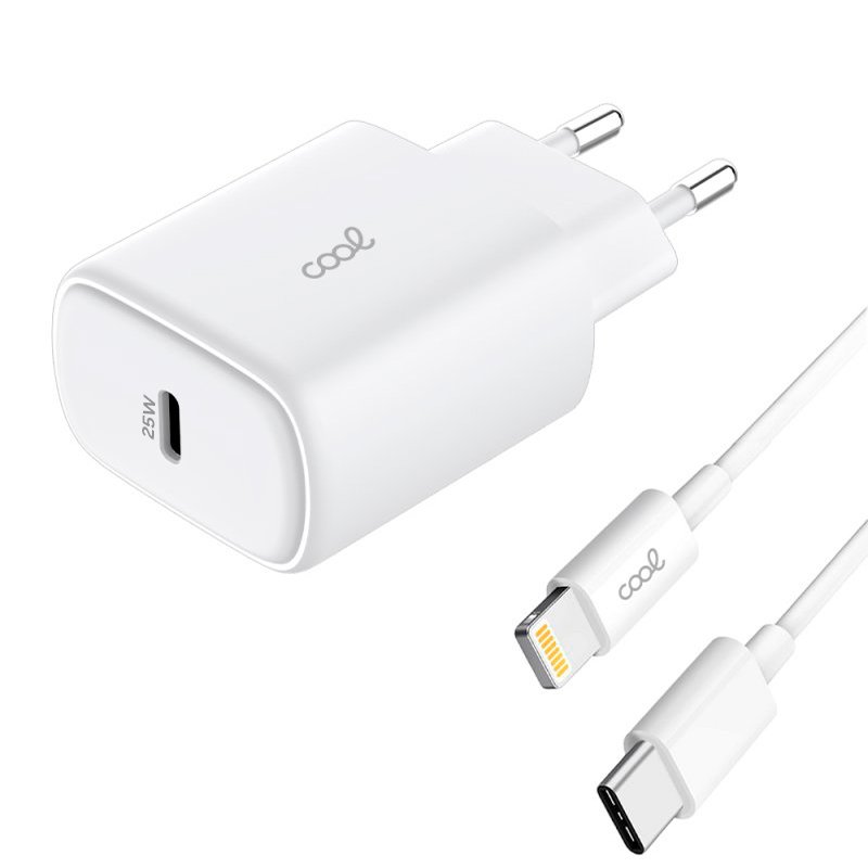 Cargador Red Universal Fast Adapt. (PD) Tipo-C COOL (25W) Blanco + Cable Tipo-C a Lightning